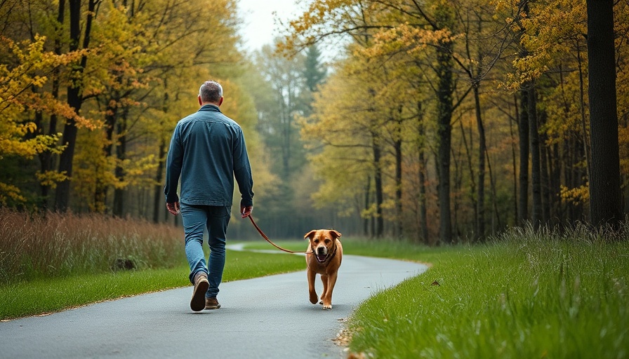 Man and dog on custom backyard trails in autumn forest.