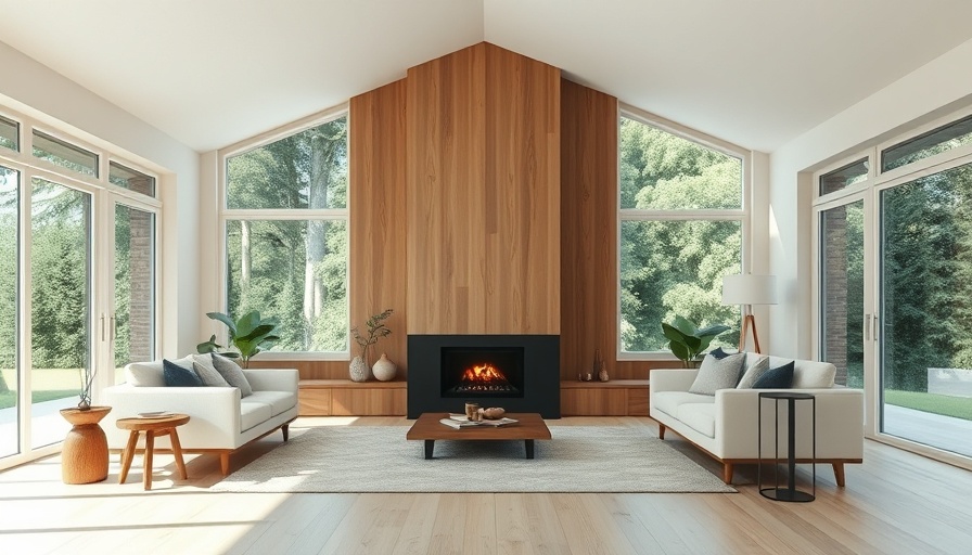 Modern Pine Island Cottage design with fireplace and seating.