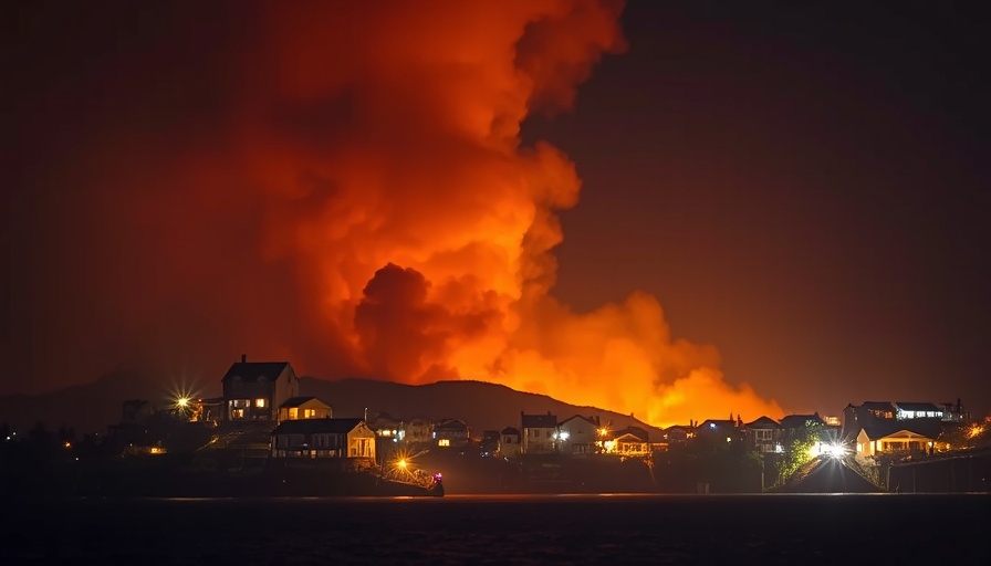 Dramatic wildfire over coastline by night, by State Farm wildfire payouts.