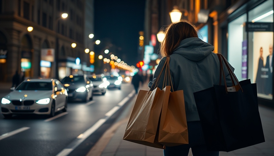 Person carrying shopping bags at night, city street scene, stagflation impact.