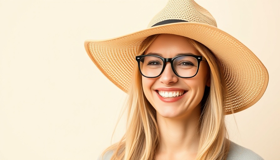 Smiling woman in hat and glasses against a light background.