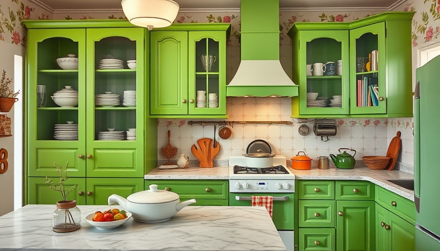 Charming kitchen with green cabinets and modern counter appeal.