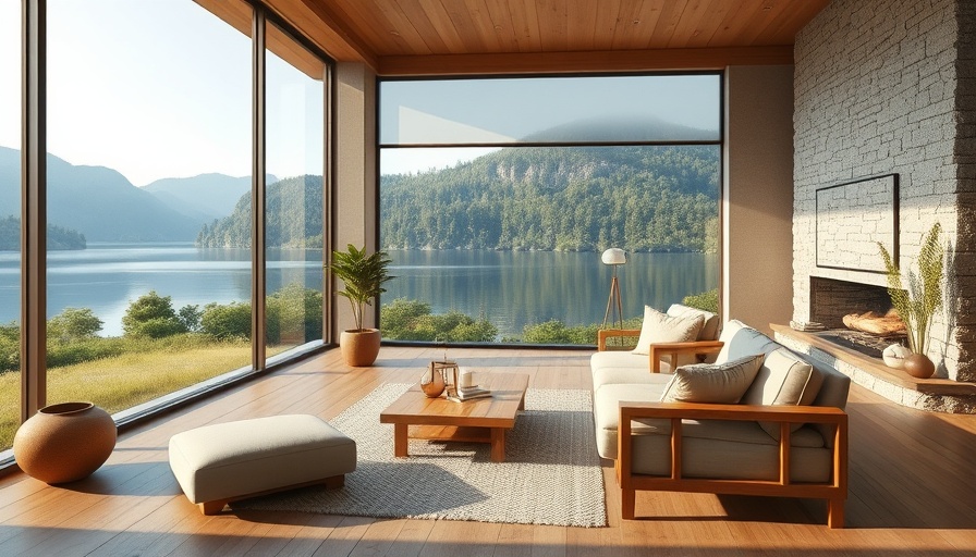 Minimalist living room with wooden furniture and lakeside view, design cleanse theme