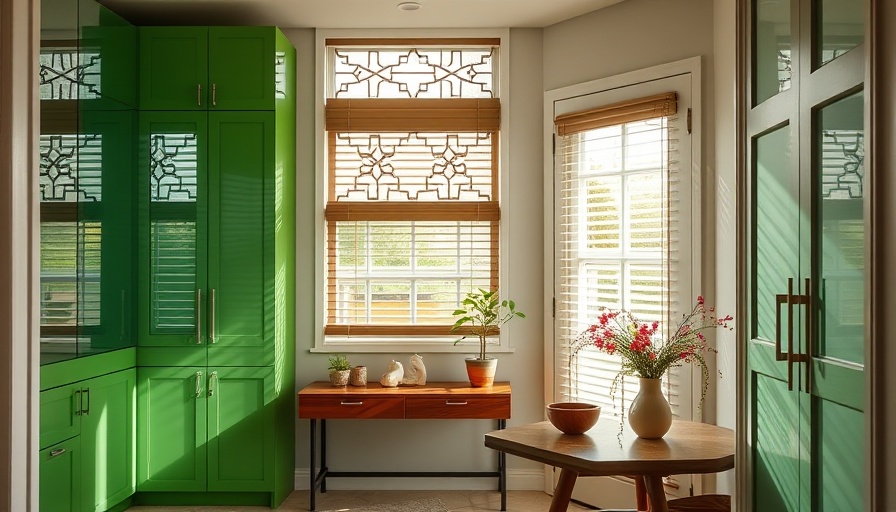 Cozy modern entryway with green cabinetry and natural lighting.