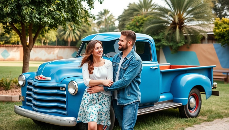 Gift vintage truck daughter outdoor scene, cheerful couple.