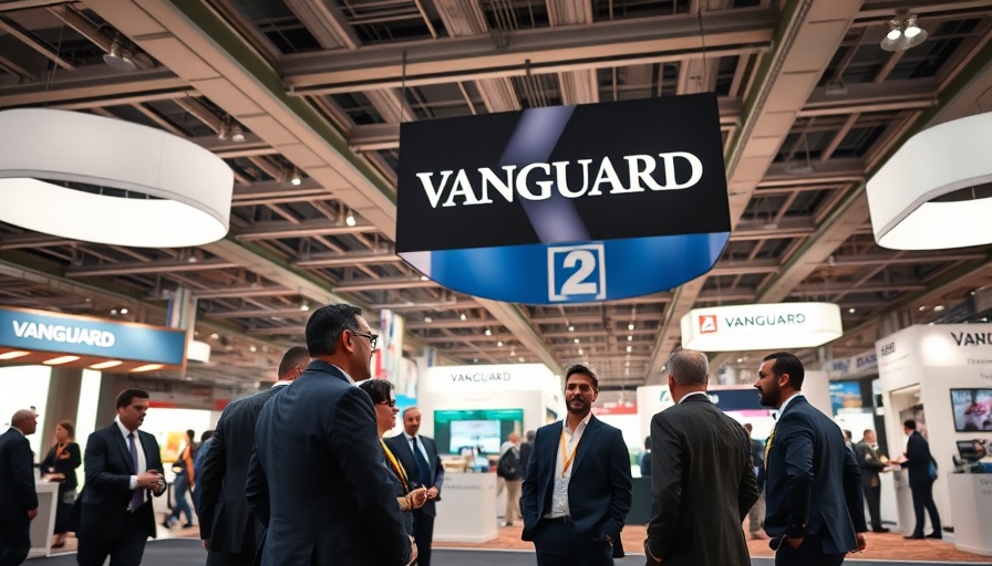 Vanguard's expired patent event hall with banner and networking businessmen.