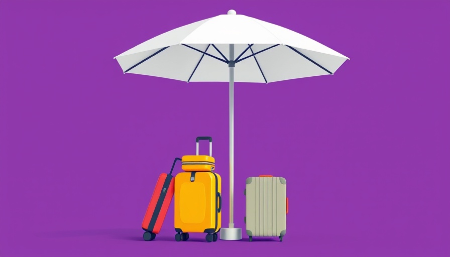 Luggage under umbrella illustration for best travel insurance companies 2025.