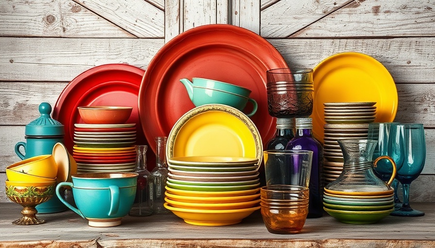 Bright teal shelf with vintage dishes and glasses, rustic setting.