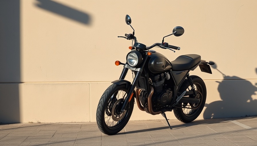 Retro motorcycle parked against a beige wall with dynamic shadows.