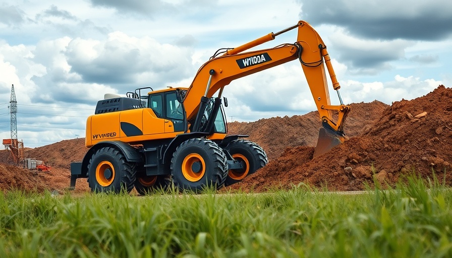 Wheeled Excavator HW100A at construction site with clouds.