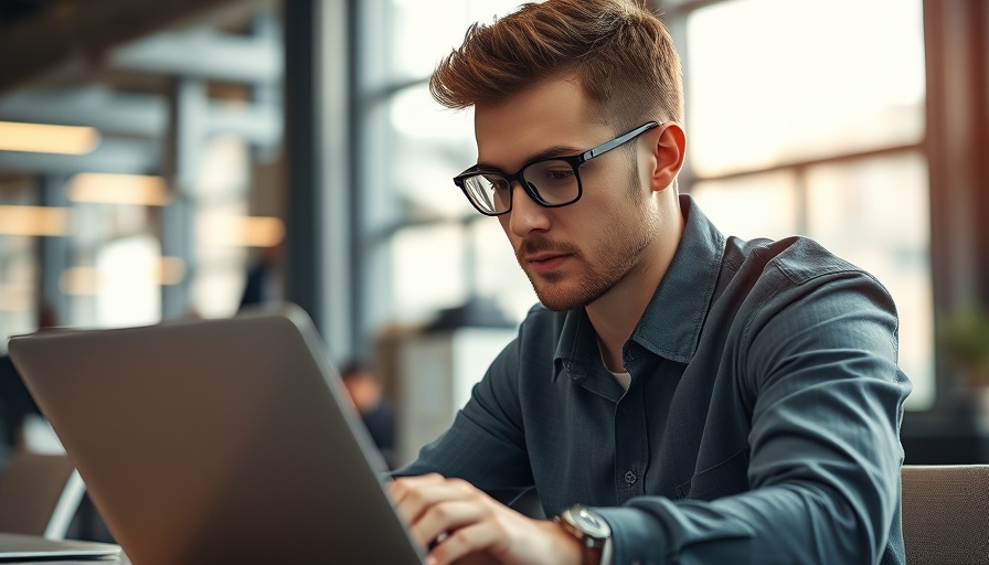 Young man using laptop in modern office, focused on task, Best Background Check Sites research.
