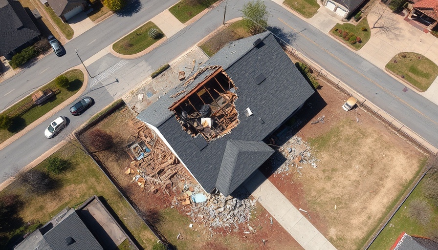 Severe storm damage to suburban home with debris scattered.