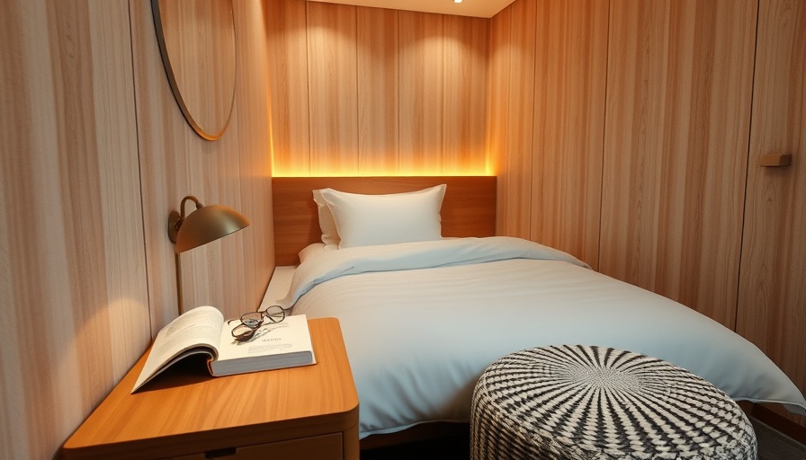 Cozy Bowery Capsule Hotel room with wooden bedside table.