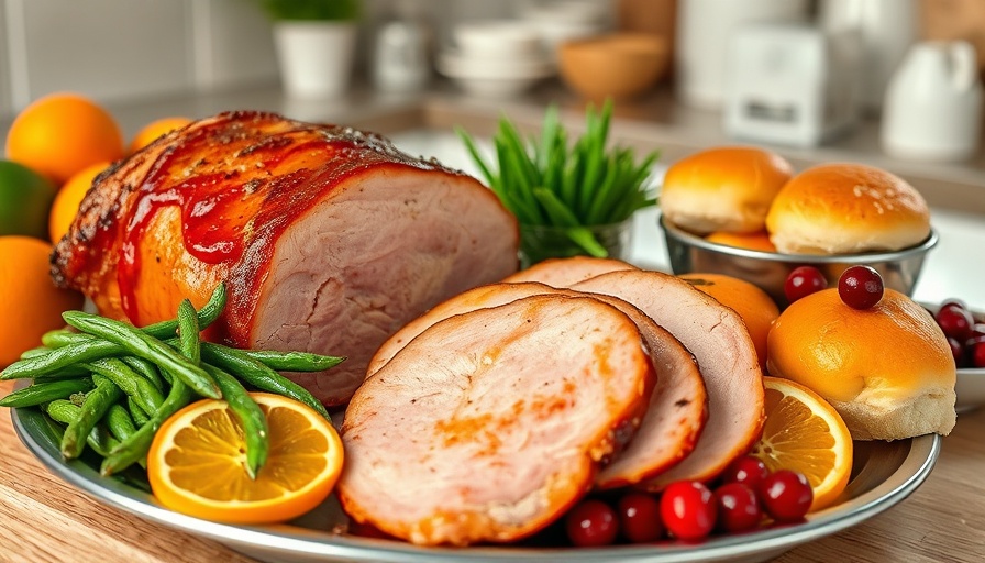 Affordable Walmart Easter meal with ham, green beans, and rolls.