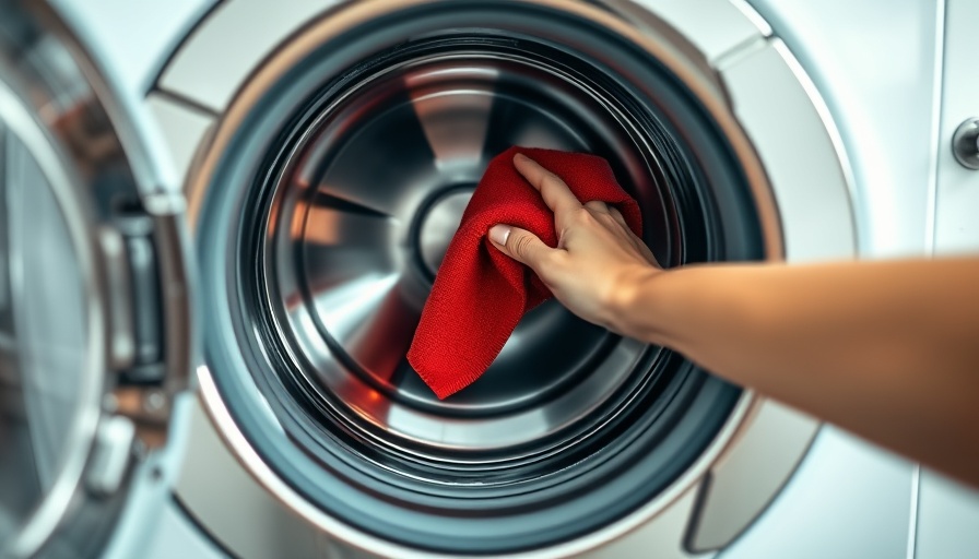 Close-up hand cleaning washing machine drum with red cloth