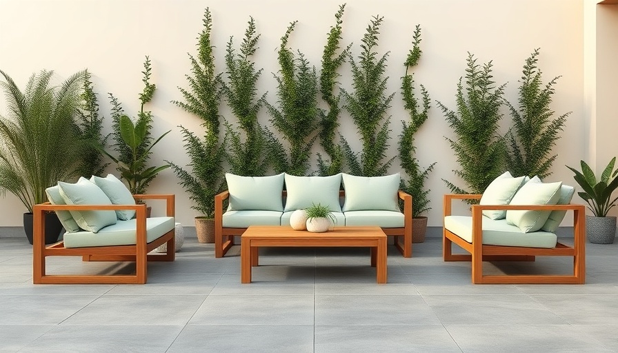 Blu Dot spring sale outdoor furniture with greenery and modern design.