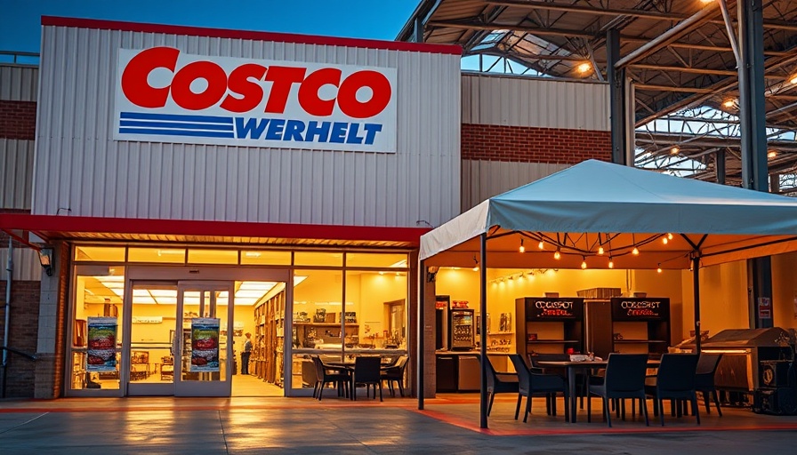 Costco entrance contrasted with indoor display of Koolspot Outdoor Sun Shades.