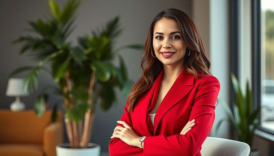 Confident female entrepreneur in red, modern office setting.