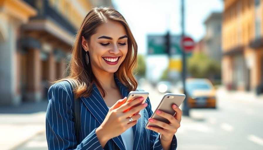 Smiling woman using smartphone for debt relief options.