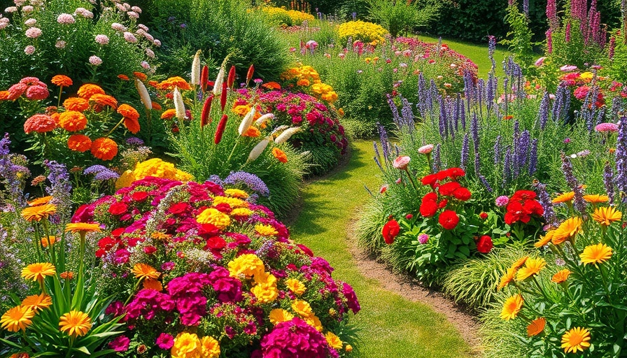 Colorful garden showcasing diverse flowers at the 45th parallel.