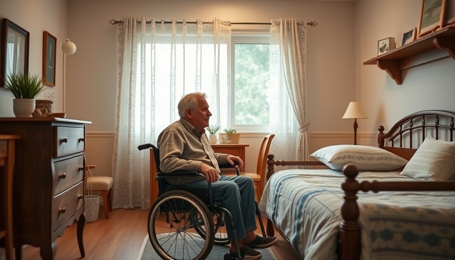 Senior in affordable housing bedroom, comfortable setting.