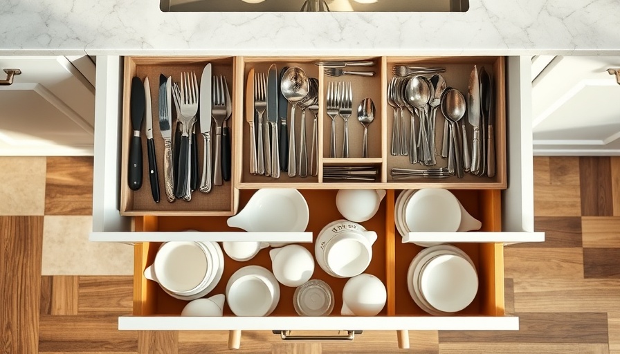 Organized kitchen drawer showing items causing kitchen clutter neatly arranged.