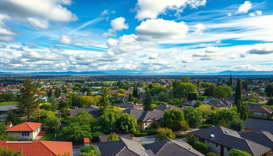 Aerial view of Lori's Spring Garden California with rooftops and mountains.