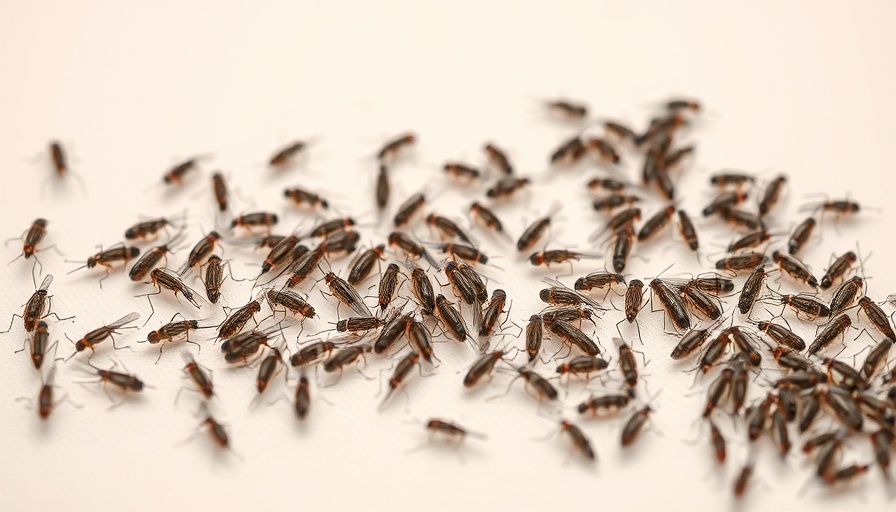 Macro shot of biting gnats clustered on a surface.