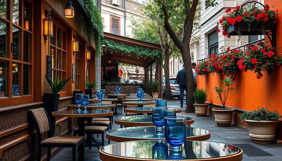 Charming outdoor dining in Waynesville NC with blue glasses on tables.