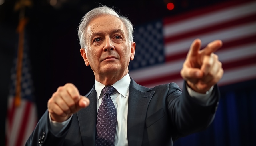 Older man in a suit pointing with American flag in background