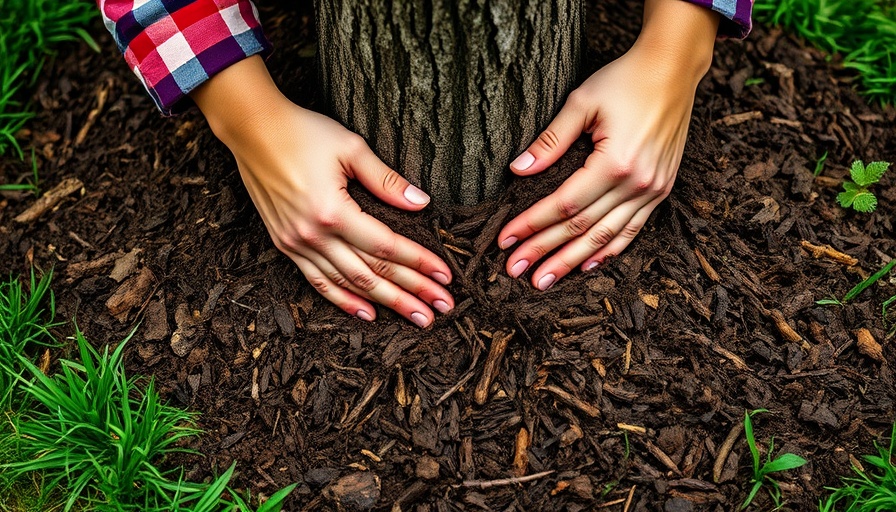 Hands spreading mulch around a tree base, mulch mistakes to avoid.