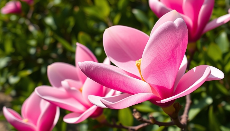 Vibrant magnolias in a North Carolina garden in spring sunlight.