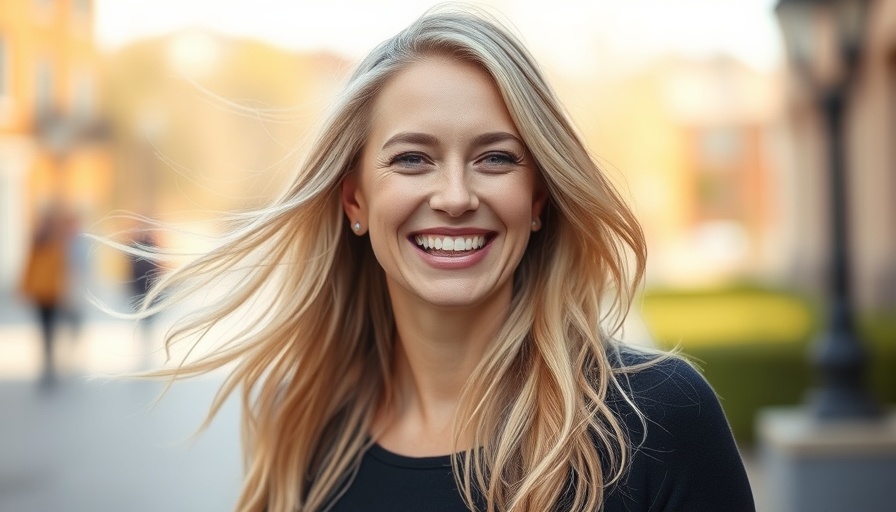 Blonde woman smiling warmly outdoors on an emotional journey.