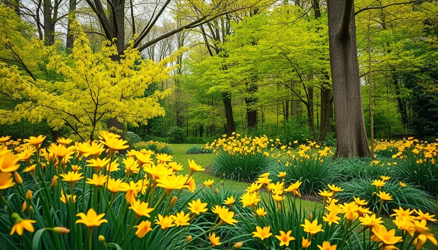 Early spring garden in North Carolina with vibrant yellow flowers.