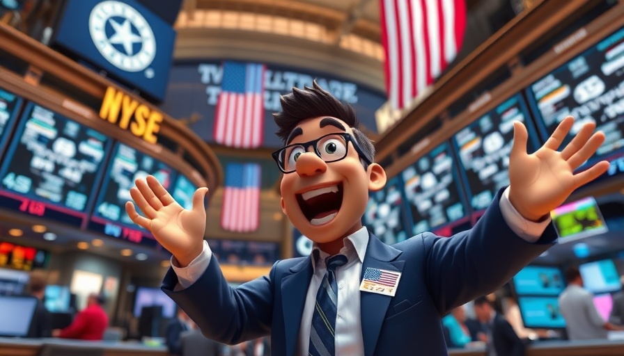 Stock trader animated on trading floor amidst market gains.