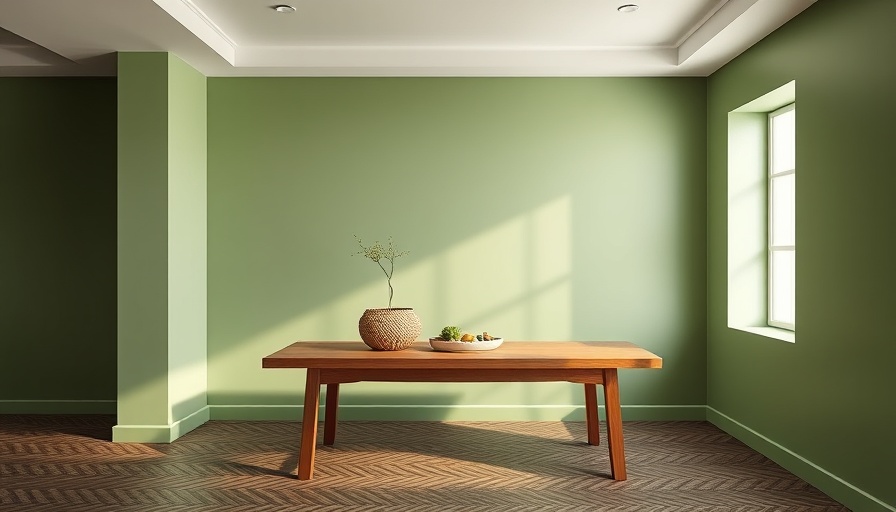 Modern interior with green walls and a wooden table, transform your space with color insights.