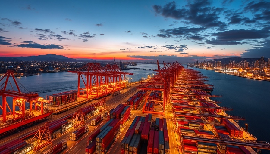 Bustling port at dusk highlighting trade, vibrant skyline.