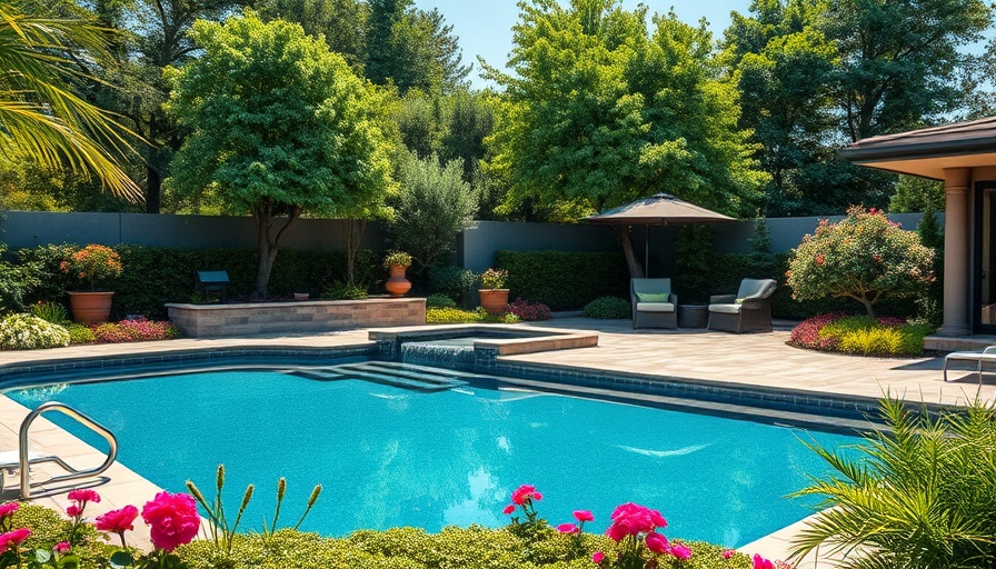 Elegant backyard pool with stylish hardscaping and lush greenery.