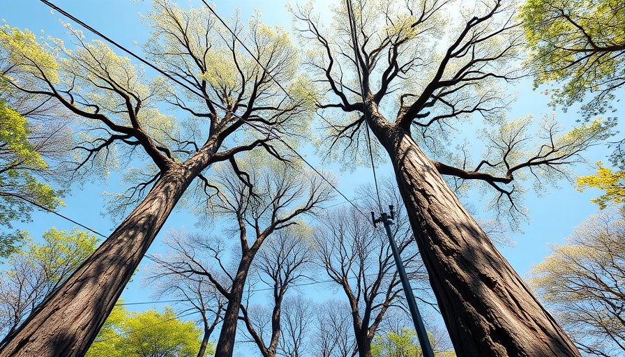 Tree cabling supports lush foliage against blue sky.