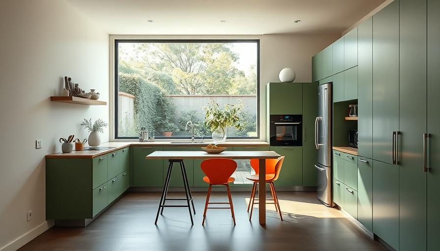 Minimalist kitchen with green cabinets and orange chairs in spring design trends 2025.
