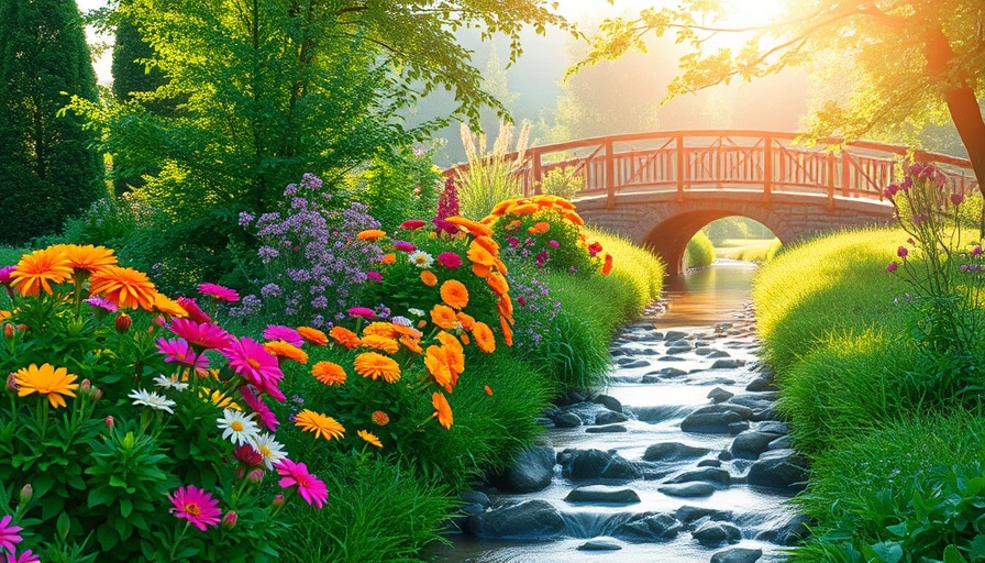 Yves Saint Laurent Garden Design with vibrant flowers by a stream