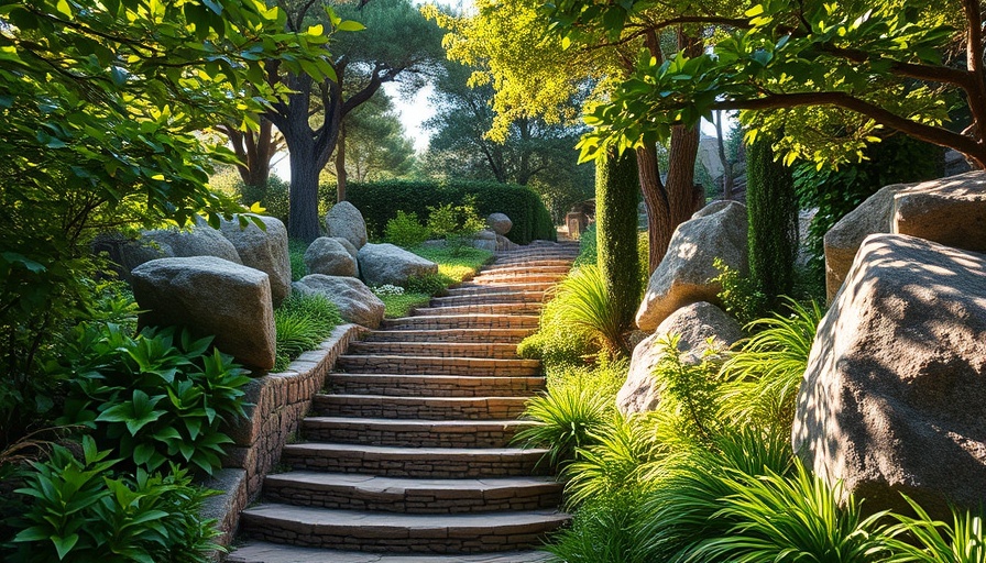 Garden Trends 2025: Lush garden with stone steps and greenery.