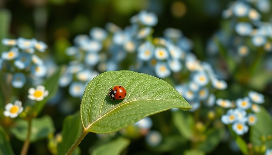 Ladybug on leaf with forget-me-nots in garden, fresh and vibrant.