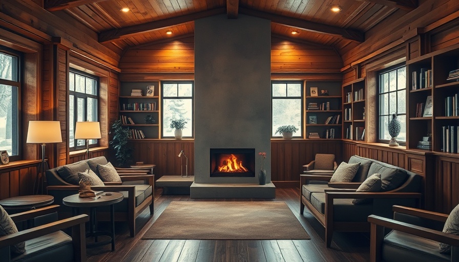 Cozy lounge area in a beautiful roadside hotel with wooden furniture and fireplace.