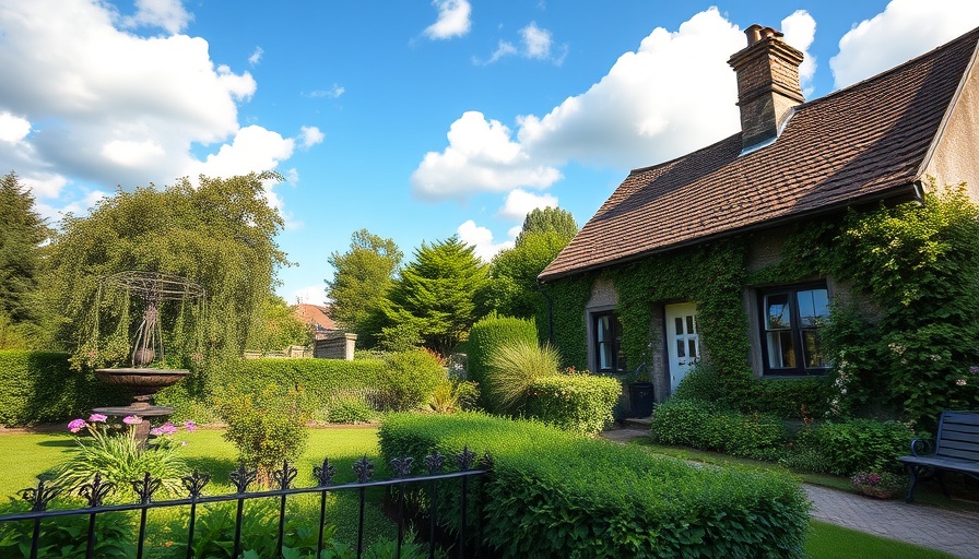 European style landscaping with cottage and lush garden