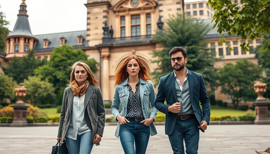 Stylish trio walking near Belnord Historic Building, expressive moment.