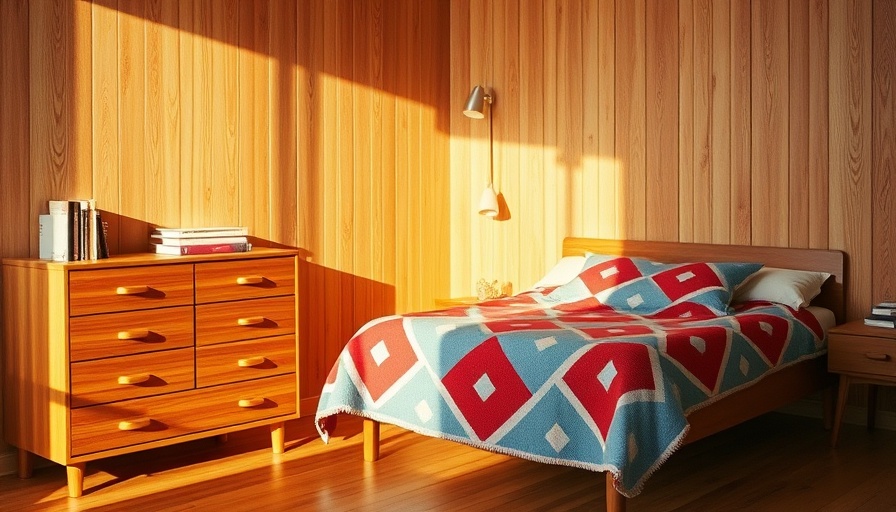 Midcentury modern bedroom decor with wooden dresser and geometric patterned blanket.