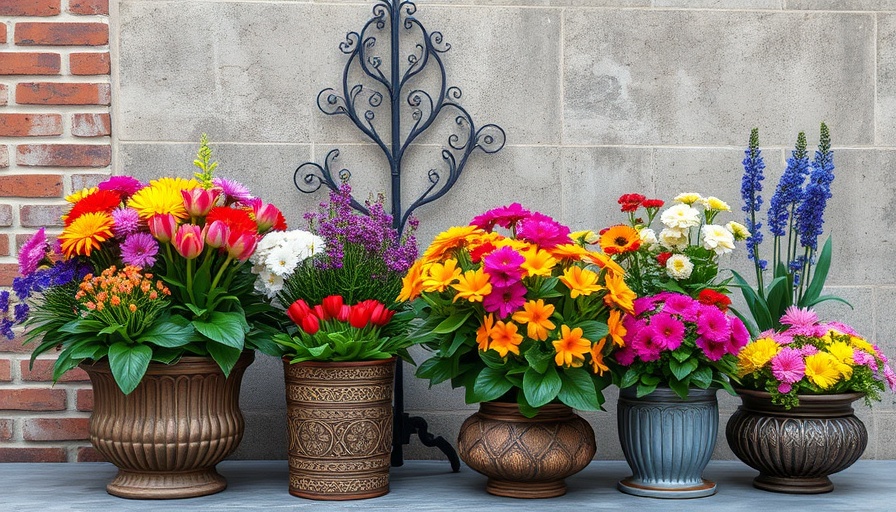 Colorful spring annuals in decorative pots against a brick wall.
