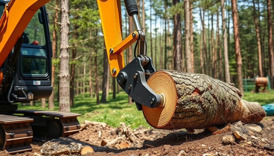 Excavator attachment clearing land, cutting through tree trunk, wood chips flying.