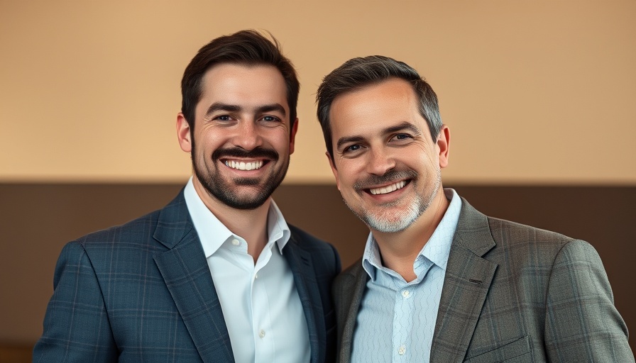 Two men in suits smiling at an indoor event.